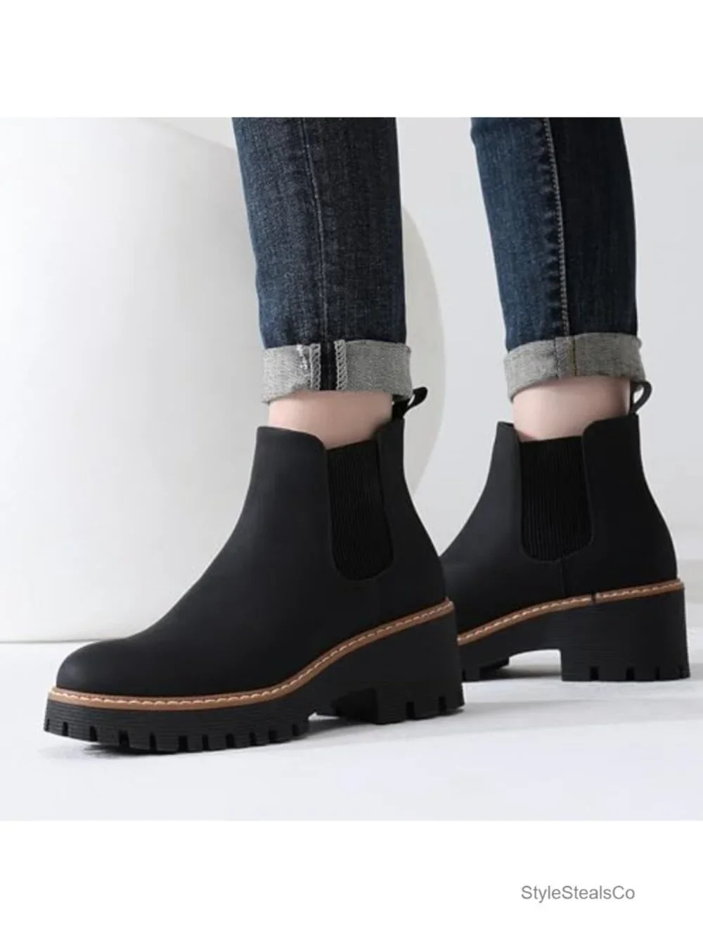 Chunky Platform Chelsea Ankle Boots Low Wedge Heel Faux Leather Suede
